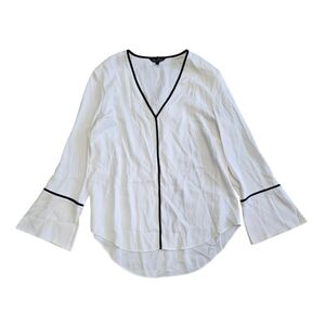 St. John White Bell Sleeve Silk Blouse with Black Trim S